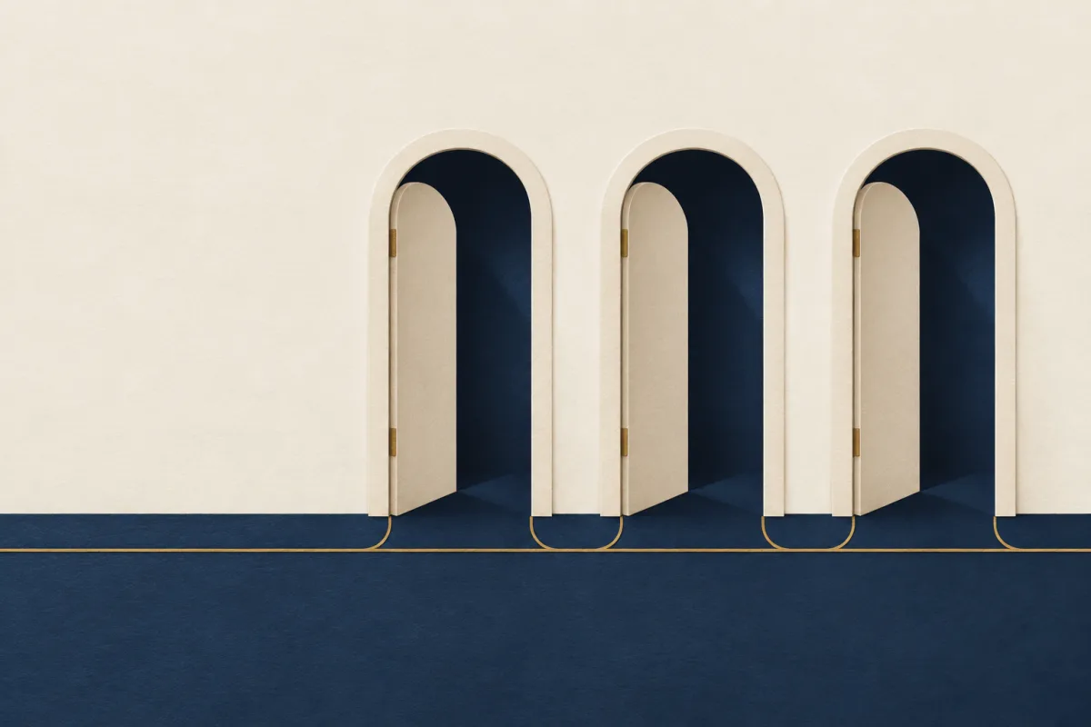 Illustration: three arched paper doorways, each slightly open, joined by a thin brass line on the floor